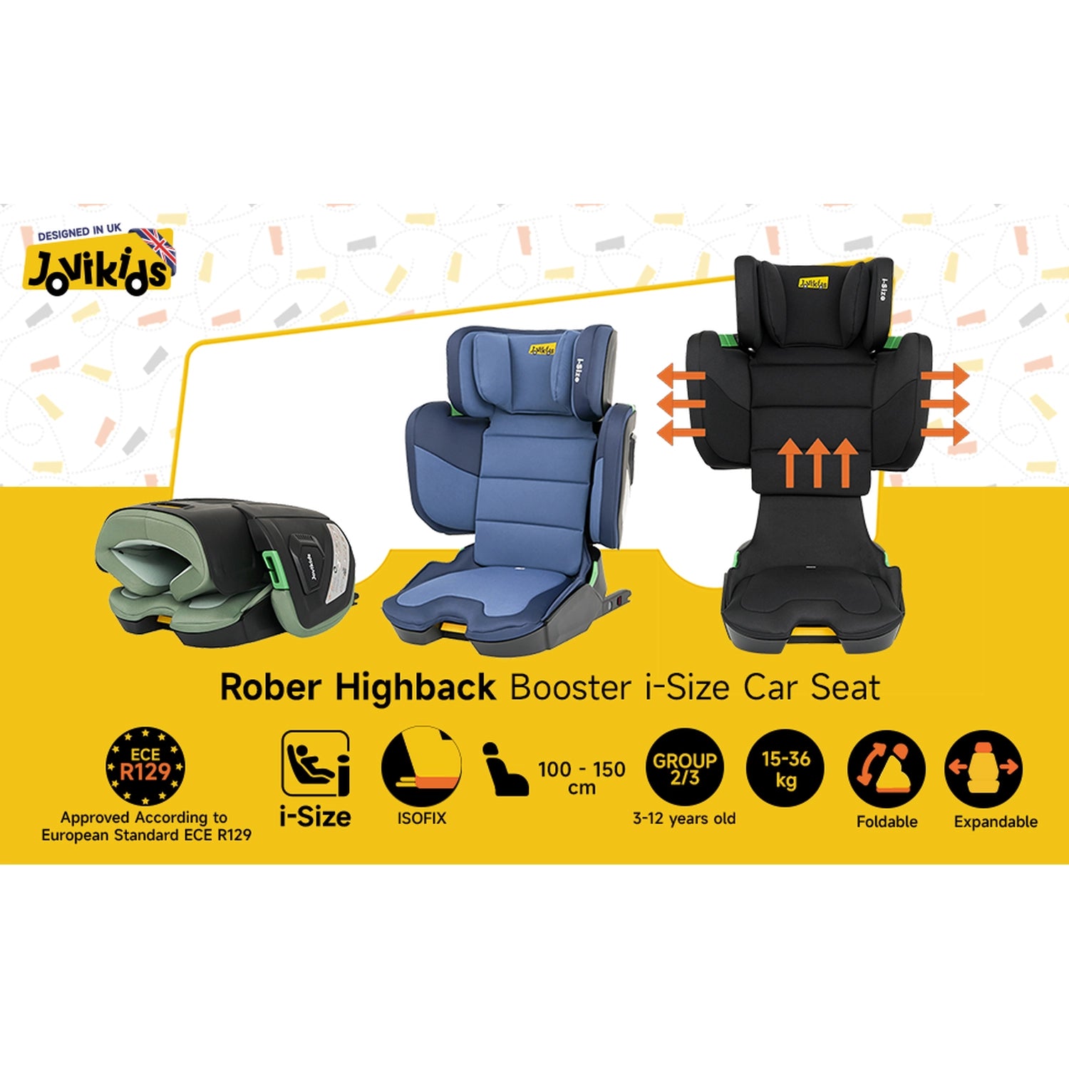 Rober i-Size Booster Car Seat ISOFIX, Cabin Size 3-12Y - Black